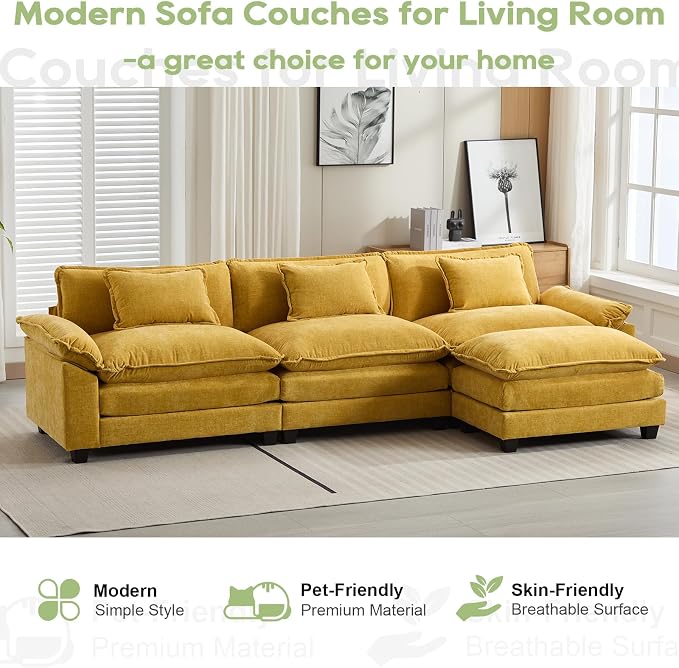 Oprisen 120" Modular Sectional Sofa, Comfy Cloud Couch Sectional Sofa with Ottoman, Chenille Sofa Sleeper Deep Seat Sofa with Throw Pillows for Living Room (Yellow, 120"- L Shape)