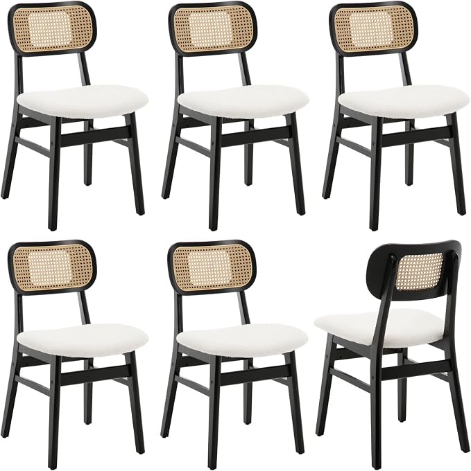 ROCITY Black Rattan Dining Chairs Set of 6 Sherpa Dining Room Chairs Natural Wooden Kitchen Chairs Farmhouse Boho