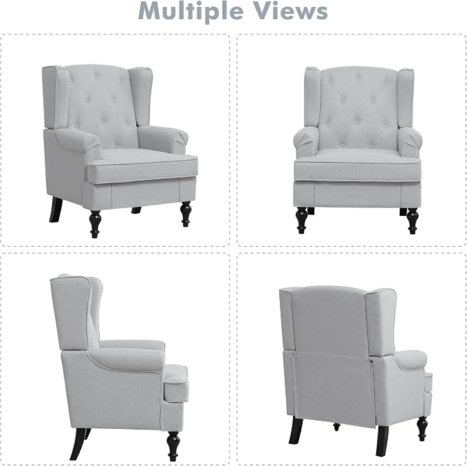 Accent Chair for Living Room, Mid Century Modern Upholstered Armchair, Wingback Chair with Tufted High Back and Solid Legs, Comfy Single Sofa Side Chairs for Bedroom, Light Grey