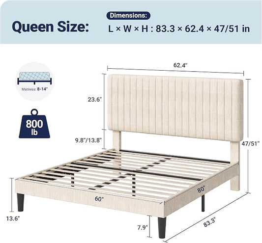 Allewie Queen Bed Frame, Upholstered Platform Bed with Adjustable Vertical Channel Tufted Headboard, Mattress Foundation with Strong Wooden Slats, Box Spring Optional, Easy Assembly, Chenille White