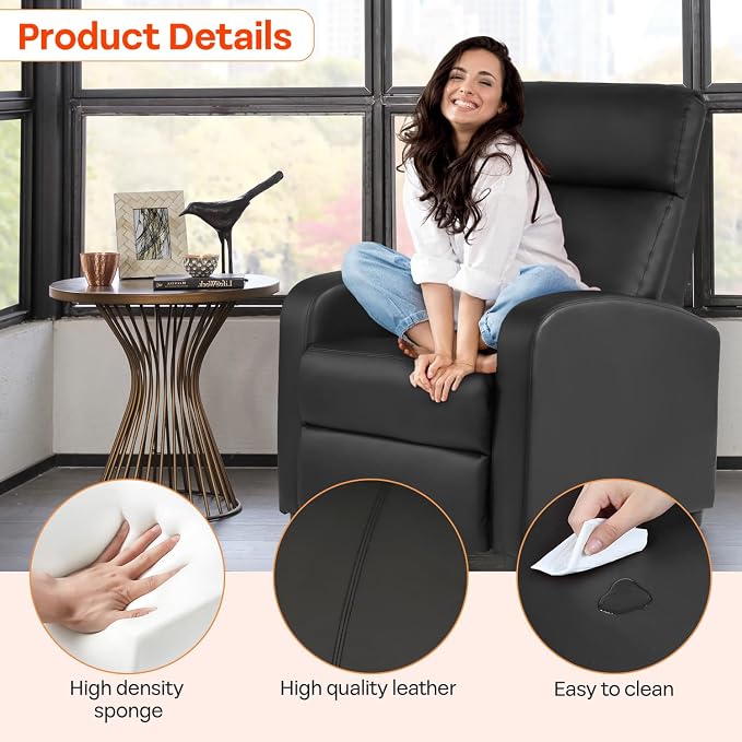 FDW Recliner Sofa Massage Chair Home Theater Seating with Lumbar Support and Padded Backrest for Living Room and Bedroom (Leather, Black)