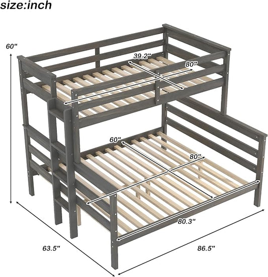 Merax Twin XL Over Queen Bunk Bed, Wood Detachable Bunk Bed with Ladder & Full Length Gardrails for Adults, No Box Spring Needed,Space Saving, Gray