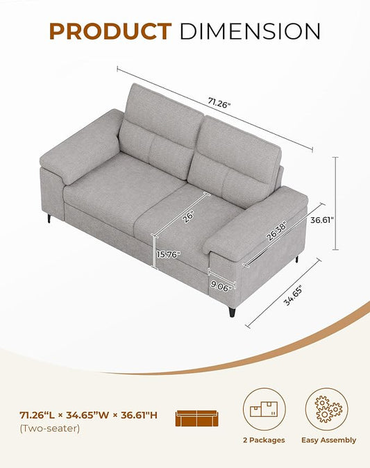 Upvilla 71.25" Modern Couches for Living Room, Deep Seat Sofa with 8” Cushion, Comfy 2-Seater Chenille Loveseat with Convertible Armrest, Removable Sofa Cover, High Leg(Light Gray)