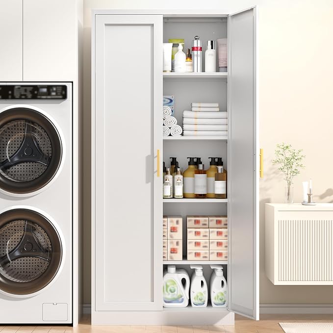 71” Tall Kitchen Pantry Cabinet, Metal Storage Cabinet with 2 Doors and 4 Adjustable Shelves for Kitchen, Living Room, Laundry Room