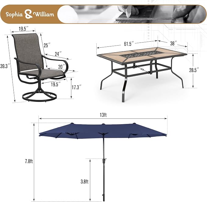 Sophia & William Patio Set with Umbrella Outdoor Dining Set for 6 with 13ft Umbrella Blue, 6 x Patio Chairs Brown, 1 Wood Like Outdoor Dining Table for Deck Lawn Garden (No Umbrella Base)