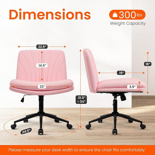Orange Factory Criss Cross Chair with Wheels Comfy Wide Vanity Desk Chair Dual Base Leather Armless Adjustable Swivel for Home Computer Task (Pink Pu, Faux Leather)