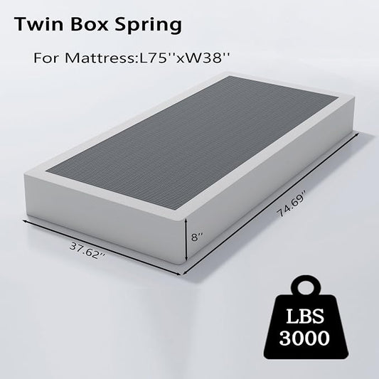 Vaciwe 8 Inch Twin Box Spring with Cover Heavy Duty Metal Box Spring Only,Sturdy Mattress Foundation, Non-Slip,No Noise,Easy Assembly.