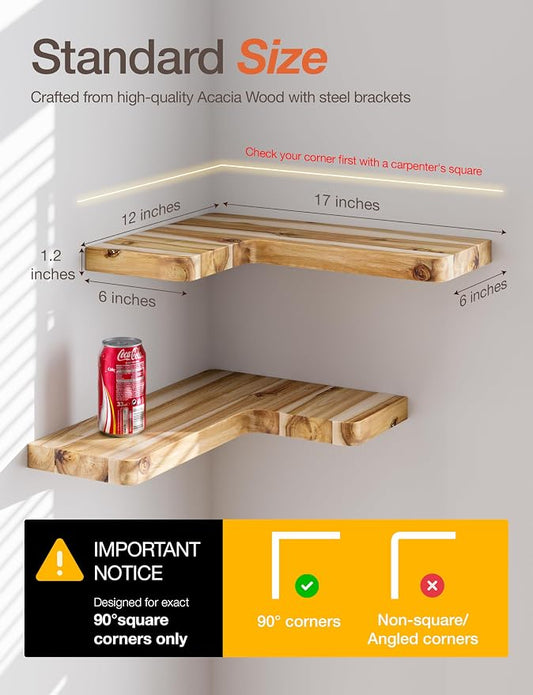 BATODA Acacia Corner Floating Shelves 17“x12”, Wall Shelves - Floating Book Shelves for Wall, Corner Bookshelf for Home Decor - Wooden Shelves with Bracket and Hardware, Boho Decor (Natural Color)