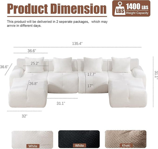 135" Cloud Couch Sectional with 2 Ottoman, U-Shaped Boneless Sofa,Modern Modular Couch, Pineapple Grid Fabric with Foam & Spring Filling for Living Room, No Assembly Required (White, 4seates)