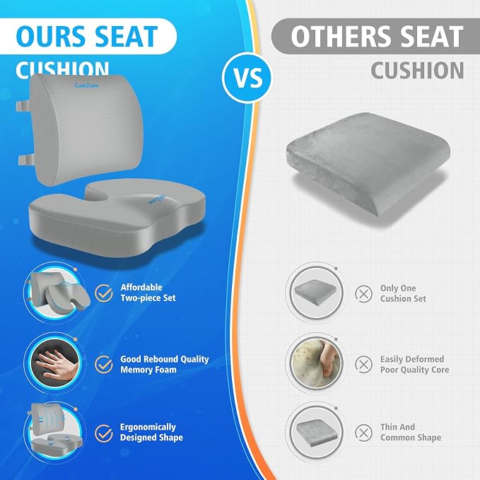 CushZone Seat Cushion, Lumbar Support Pillow with Adjustable Strap-Chair Cushions for Sciatica Pain Relief-with Washable Cover Memory Foam for Car, Travel and Wheelchair, Light Grey X-Large