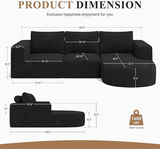 L-Shaped Boneless Couch,104" Couches for Living Room with Curved Chaise,Modular Sectional Sofa with Deep Seat,Modern Cozy Cloud Compression Sofas,No Assembly Required(Black) 1PCS