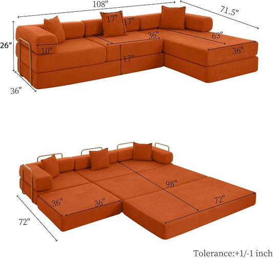 HANXIN 108" Modular Sectional Sofa,Futon Convertible Sofa Bed,Oversized Corduroy Boneless Couch for Living Room,Floor Loveseat Sleeper with Pull Out Bed,Free Combination,No Assembly Required (Orange)