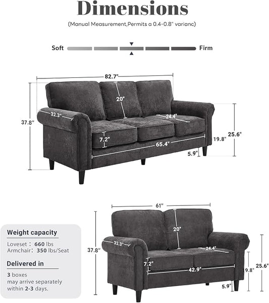 Kingfun Loveseat 2 & 3 Seater Couch with Chair, Mid Century Modern Chenille Sofa Set with Rolled Arms and Deep Seats, Fluffy Comfort for Living Room, Apartment, Easy Assembly, Grey