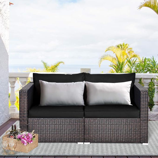 Tangkula 2 Seat Outdoor Wicker Loveseat Sofa Set, Modular PE Rattan 2 Pieces Outdoor Wicker Corner Sofa, Outside Furniture Set for Deck, Backyard, Porch, Garden & Poolside, Black