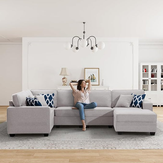 Legend Vansen Oversized Modular Sectional Sofa,U/L‑Shaped Reversible Couch with Ottoman,Deep Seat Plush Polyester Sofa for Living Room,6‑Seater,Light Grey