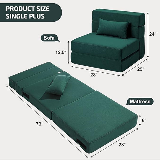 SUYOLS Folding Sofa Bed with Pillow- Convertible Chair Floor Couch & Sleeping Mattress, Foldable Memory Foam Sleeper for Living Room/Dorm/Guest Room/Home Office/Apartment/Loft, Single28, Dark Green
