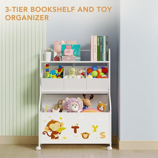 BBLIKE Toy Storage Organizer with Wheels - 3-Tier Kids Large Toy Box, Toy Chest Storage for Boys Girls Toddlers, Kids Bookshelf with 3 Fabric Toy Boxes for Playroom, White