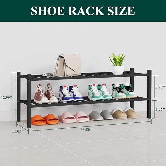 Smiry Long Bamboo Shoe Rack, 2 Tier Free Standing Wooden Shoe Organizer, Stackable Wood Shoe Storage Shelf for Closet, Entryway, 14 Vertical Slats, One-piece Heavy-Duty Legs, 33.7"x11"x13", Black