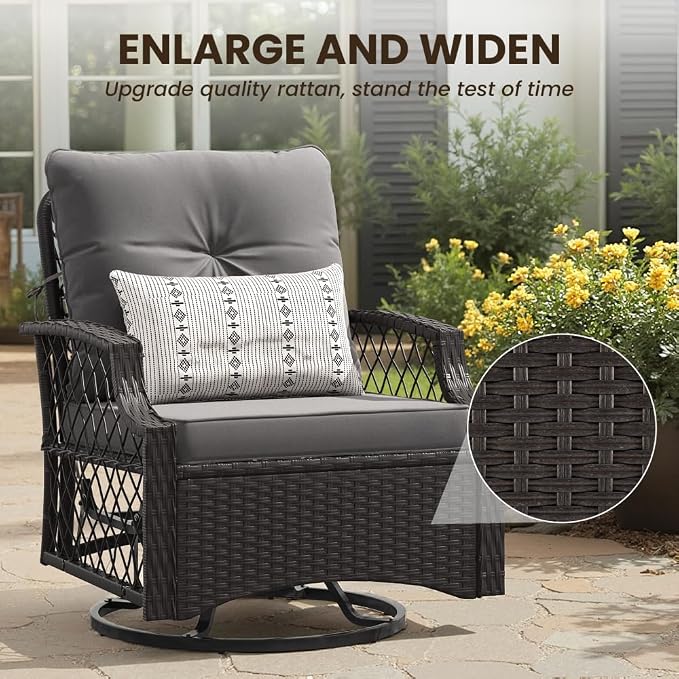 3-Piece Patio Furniture Set, Wicker Outdoor Bistro Set Swivel Glider Patio Chairs x 2 with Cushions, High Back All-Weather Rattan Outdoor Furniture for Porch, Backyard (Grey + Wicker)