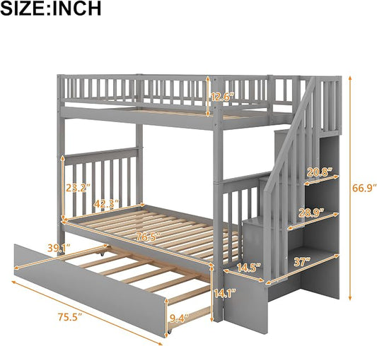 Twin Over Twin Bunk Beds with Staircase and Trundle Bed, No Box Spring Needed for Teens, Boys or Girls