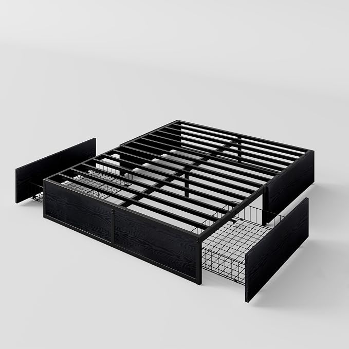 SHA CERLIN Queen Platform Bed Frame with 2 Large Storage Drawers - Heavy Duty Metal & Rustic Wood, Noise-Free, No Box Spring Needed, Black