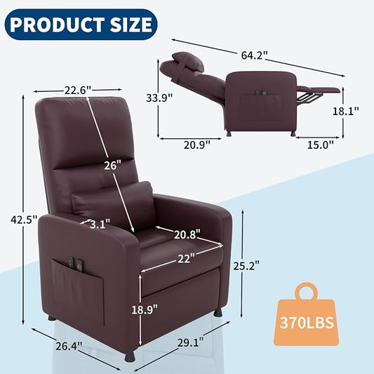 GarveeHome Power Recliner Chair - Heat and Massage, Adjustable Electric Recliner Ergonomic PU Leather Single Sofa, Tall Back, Padded Seat, Home Theater Seating for Living Room