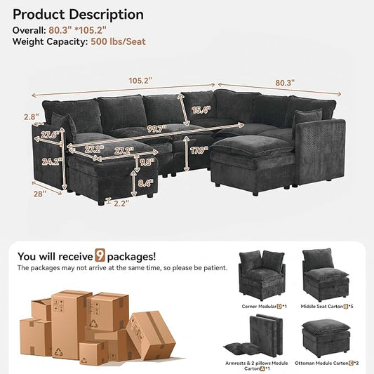 105" Dark Grey Modular Storage Sofa, U Shaped Chenille Couch with Ottoman | Oversized Convertible Sectional Sofa, 6-Seat Sectional Couch With 2 Ottomans, Large Cloud Couch For Living Room, Apartment.