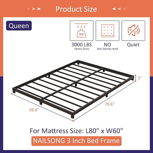 Nailsong 3 Inch Bed Frame Queen Size Low Profile, Queen Bed Frame No Box Spring Needed, Heavy Duty Metal, Easy Assembly, Black