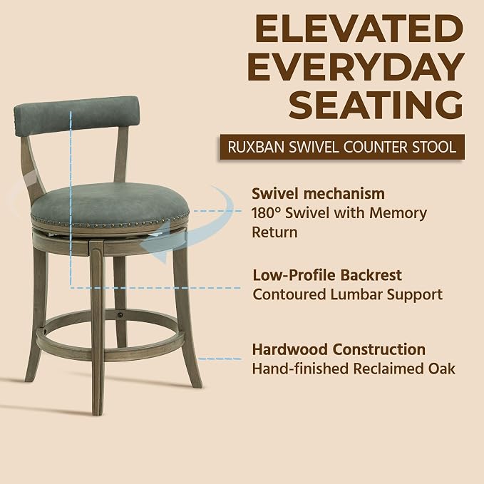 ROME + OAK Ruxban 26" Counter Stool, Low Back Swivel Barstools | Ruxban, 26 In. Seat Height, Vegan Leather Seat, Wood Counter Stool, Modern Counter Stool