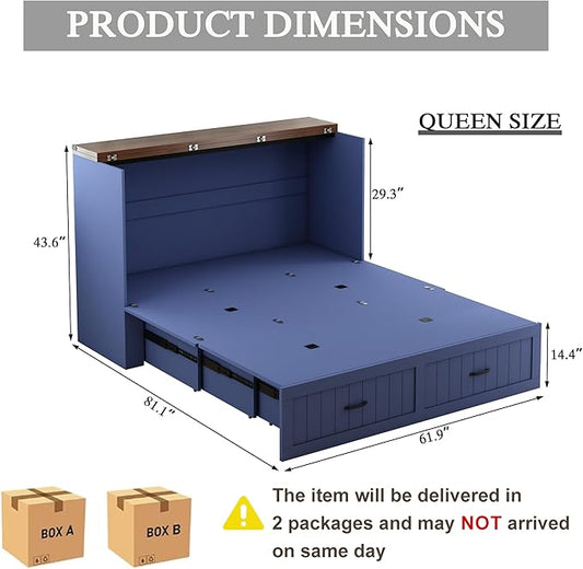 Queen Murphy Bed with Charging Station, Farmhouse Noisy-Free Foldable Cabinet Bed Frame with Storage Drawer, Space Saving Hideaway Wall Bed for Guest Bedroom, Living Room, Office, Blue