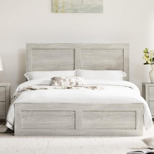 KISLOT Wood Bed Frame, Full Size Wooden Platform Bed Frame with Headboard and Footboard Mattress Foundation Farmhouse Bedroom Furniture No Box Spring Needed