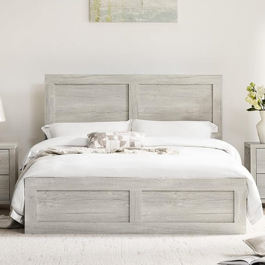 KISLOT Wood Bed Frame, Full Size Wooden Platform Bed Frame with Headboard and Footboard Mattress Foundation Farmhouse Bedroom Furniture No Box Spring Needed
