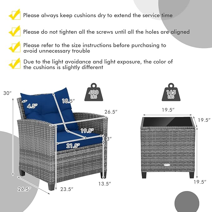Tangkula 3 Pieces Patio Furniture Set, Outdoor PE Rattan Conversation Chair Set with Tempered Glass Side Table and Removable Cushions, PE Wicker Chairs and Table Set for Porch, Balcony and Garden