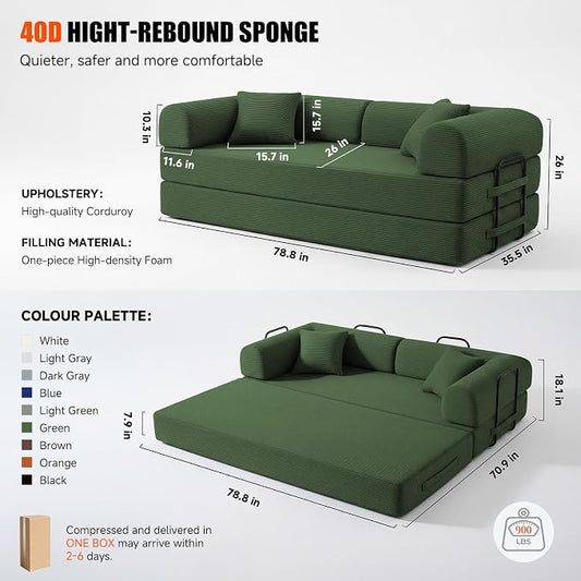 79" Convertible Sleeper Sofa Bed, Corduroy Boneless Fold-Out Couch in a Box, 4-in-1 Loveseat/Futon Couch, High-Density Foam, No Assembly, Side Pockets, 2 Pillows for Small Spaces, Dark Green