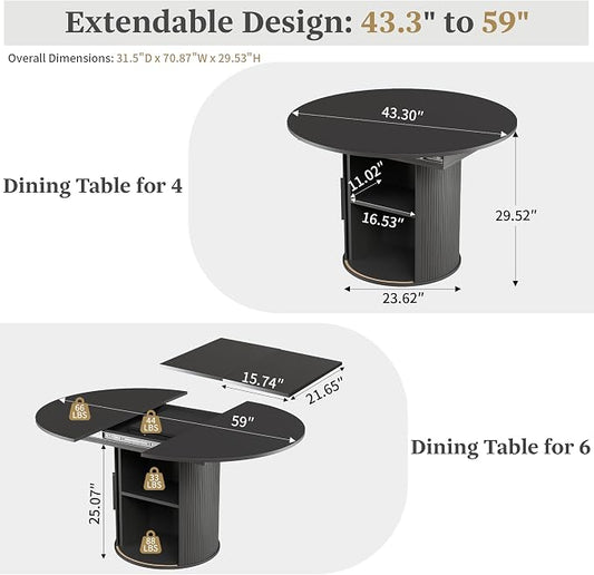 weselon 43"-59" Extendable Round to Oval Dining Table with Hidden Storage, Modern Wooden Kitchen Table with Fluted Sliding Door Cabinet, Expandable Dinner Table for Dining Room Living Room (Black)