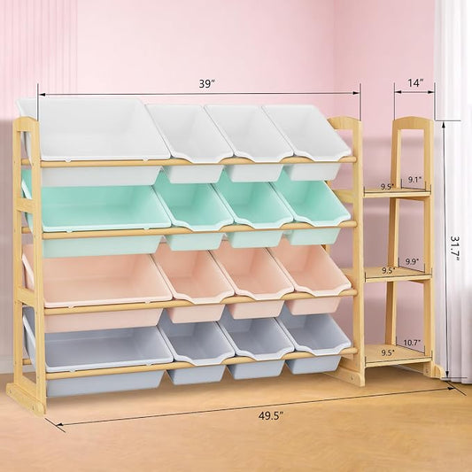 Kids Toy Storage Organizer with Bookshelf – Wooden Shelf with 16 Bins & 3 Shelves, Quick Assembly Storage Rack for Playroom, Bedroom, Nursery– Colorful