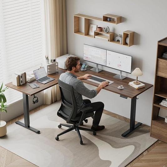 Klicelor L Shaped Standing Desk 63 x 55.1 Inch Dual Motors, Electric Height Adjustable Corner Desk for Home Office Workstation, Ergonomic Sit Stand Computer Table with Memory Controller, Dark Walnut