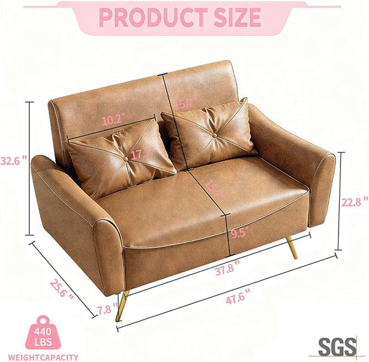 Brelice 47" Faux Leather Loveseat Sofa, Modern Small Couch for Small Space with 2 Pillows, 2 Seater Couch for Living Room, Bedroom, Office, Apartment (Brown)