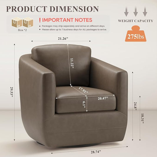 MALOL 360° Swivel Accent Chair- Comfy Living Room Armchair No-Sag Foam & Sturdy Metal Base with Pillow, Fully Assembled Swivel Accent Single Sofa for Bedroom, Office, Wolf Grey
