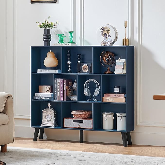 LEYAOYAO 10 Cube Bookshelf,3 Tier Modern Wide Bookcase with Legs,Mid-Century Wood Bookshelves Storage,Dark Blue Large Book Case,Freestanding Organizer Display Shelf for Bedroom,Living Room,Office