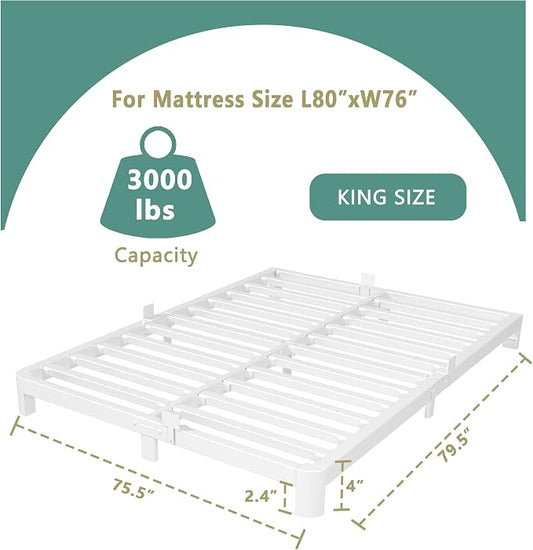 ITIMIDI 4 Inch White King Size Bed Frame, Metal Platform Bed Frames with Metal Gaskets, Heavy Duty Steel Support 3500 LBS, No Box Spring Needed, Anti-Slip Mattress Stopper, Easy Assembly