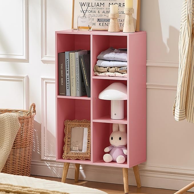 LEYAOYAO 5 Cube Bookshelf 3-Tier Bookcase with Legs,Mint Light Pink Kids Book Shelf Cute Storage Organizer,Free Standing Open Toy Shelves Wood Bookshelves,Display Bookcases for Bedroom,Living Room