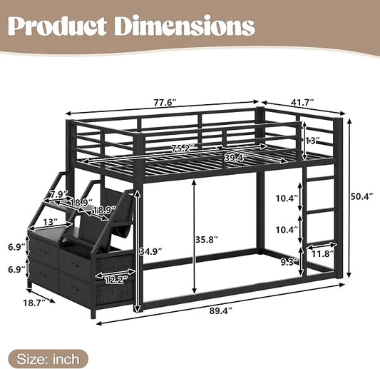 Bellemave Twin Over Twin Bunk Bed with Storage Shelves & 4 Drawers,Heavy Duty Metal Bunk Bed for Teens with LED Lights, Low Bunk Beds for Kids with Guardrails & Ladder, No Box Spring Needed, Black