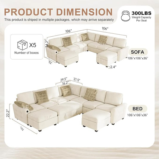 Hanherry 106" Sectional Sofa with Pull Out Couch Bed,7 Seat Corduroy Sleeper Sofa with 2 Seat Storage & USB Charging,Storage Ottoman,Comfy Modular Couches for Living Room,Apartment