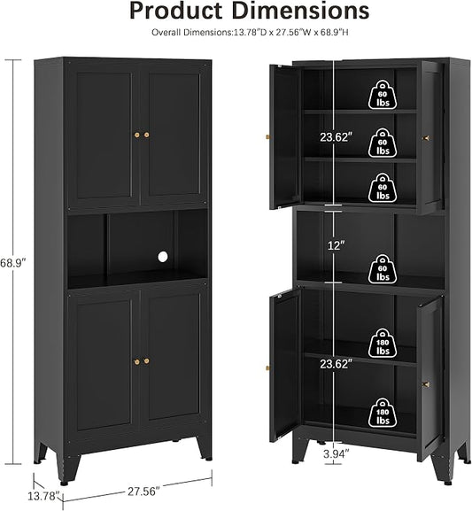 69" H Kitchen Pantry Cabinet with Countertop,Kitchen Hutch Cabinet with Storage,Black Metal Storage Cabinet,Microwave Cabinet,