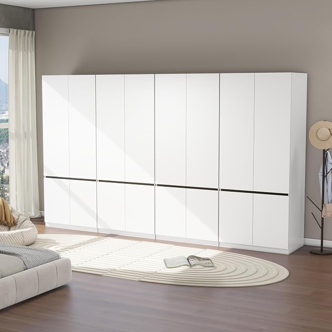 Bedroom Armoire Wardrobe Closet with 8 Doors: 75" White Wardrobe Cabinet for Clothes, Wooden Closet with Hanging Rod, Modern Armoire with Shelves (4)