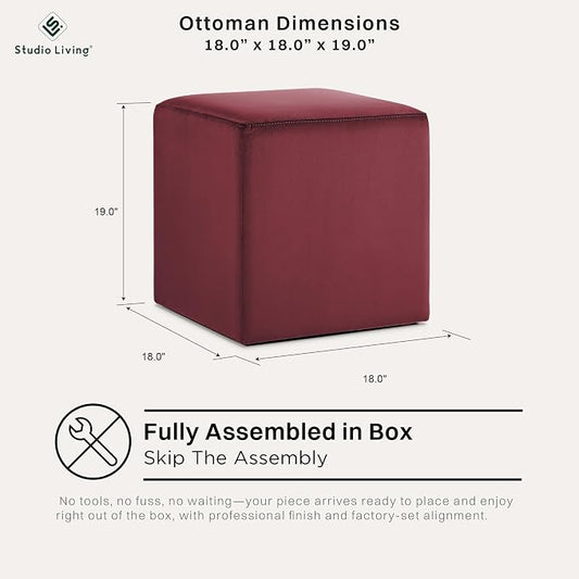 Studio Living® 18” Warren Ottoman Square Soft Velvet Bench, Stationary Ottomans, Backless Chair, Footrest for Living Room, Footstool Office, Bedroom, Padded Seat, Plum