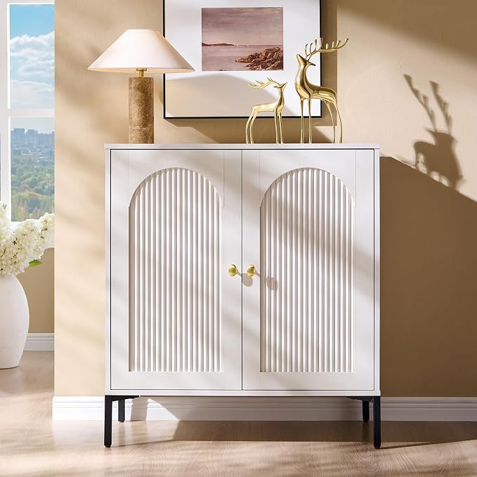 IFGET Modern Buffet Cabinet with Storage, 34" Tall Fluted Arched Sideboard Cabinet w/Adjustable Shelves, Wooden Modular Coffee Bar for Dining Room, Kitchen, Living Room, Entryway, White