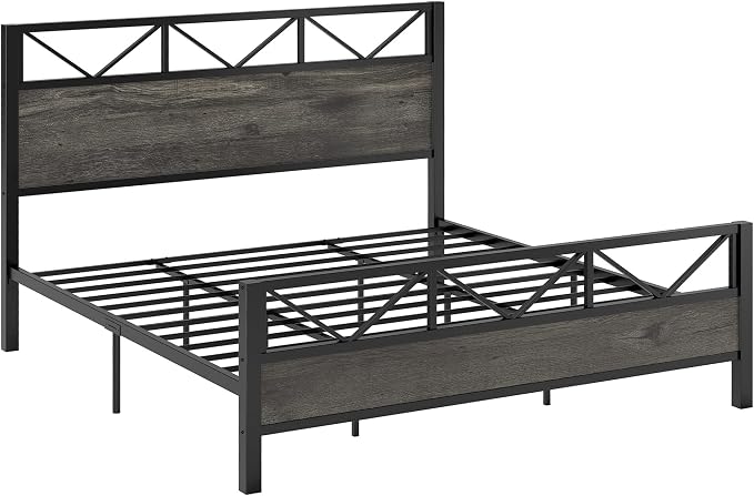 LIKIMIO California King Bed Frame, Tall Industrial Headboard 51.1 ", Platform Bed Frame with Strong Metal Support, Solid and Stable, Noise Free, No Box Spring Needed, Easy Assembly, Charcoal Grey