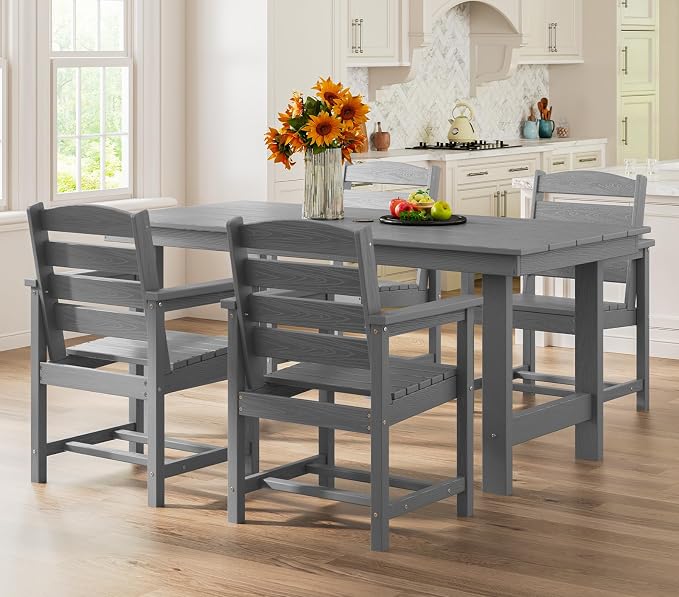 SERWALL Modern Patio Dining Set, 5-Piece Rectangular HDPE Dining Table with Umbrella Hole & 4 Chairs, Grey